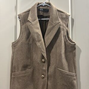 Zara womens button down sleeveless lapel vest jacket coat pockets size M-L tan